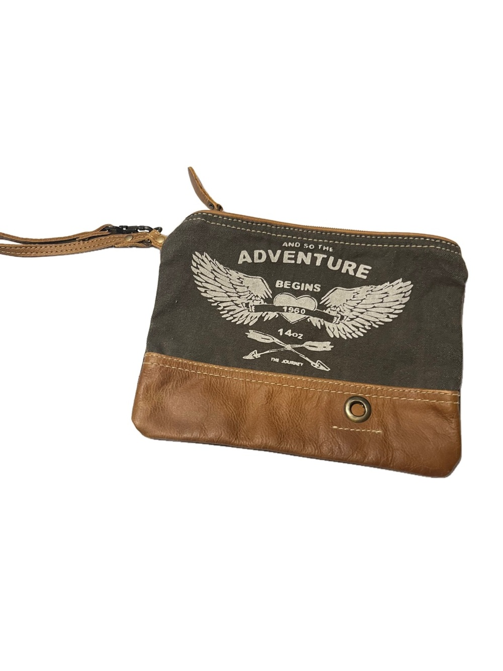 Adventure Graphic Canvas & Leather Wristlet - Brown/charcoal